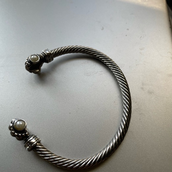 Twisted Cable Cuff Faux Pearl Bracelet Silver Tone, Rhinestones / Faux Pearls - Picture 9 of 10